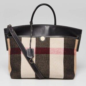 Burberry Black Leather Check Wool Medium Society Tote Bag